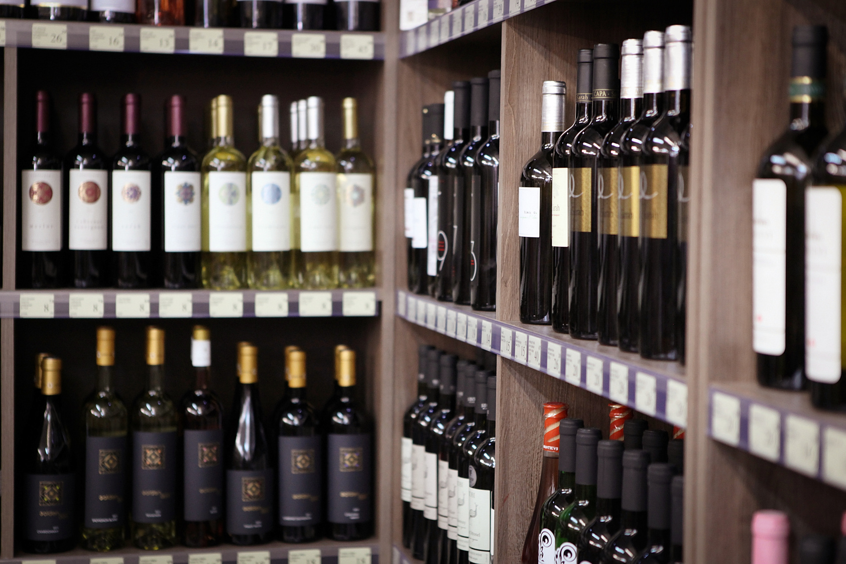 Wine bottles in wine shop.
